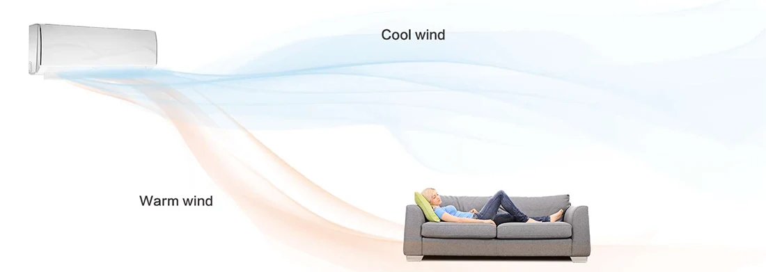Split air conditioner directing cool wind upward and warm wind downward toward a person resting on a sofa