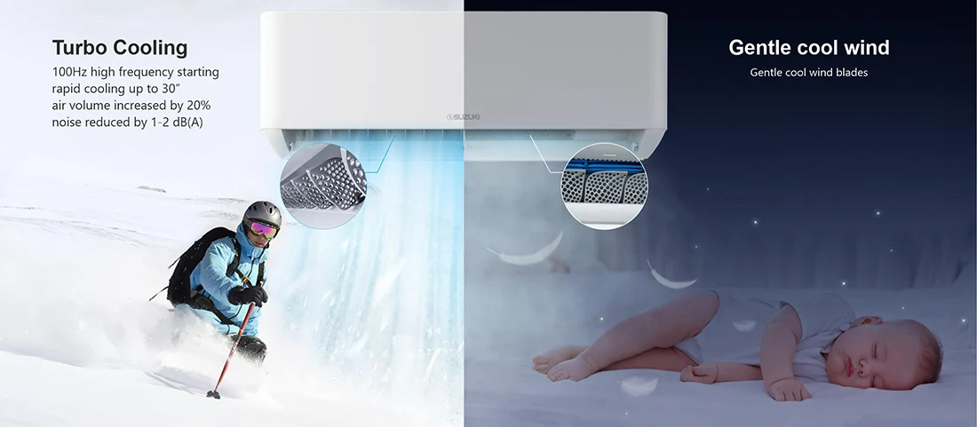 Split screen showing a Suzuki air conditioner providing rapid cooling for a skier and a gentle breeze for a sleeping baby