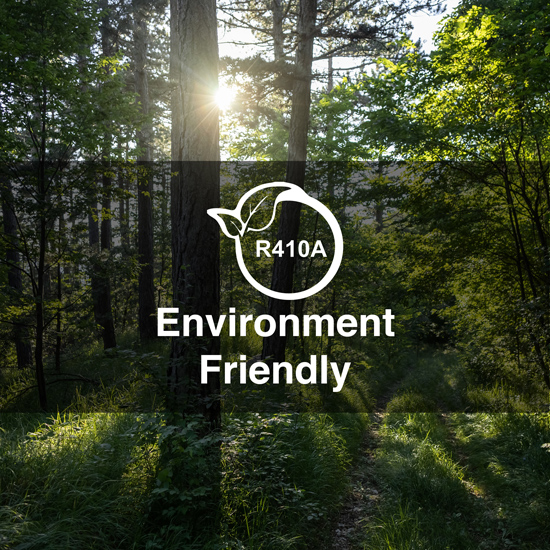Sunlight filtering through a lush green forest with an R410A environment friendly seal