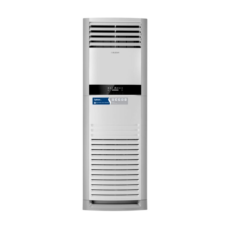 White Isuzuki floor standing air conditioning unit with digital display and ventilation louvers