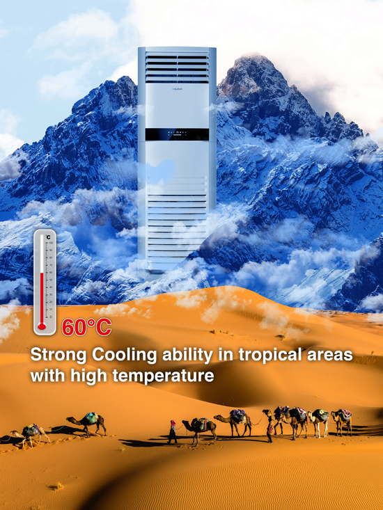A tall white floor-standing air conditioner positioned between snowy mountains and a hot desert with camels