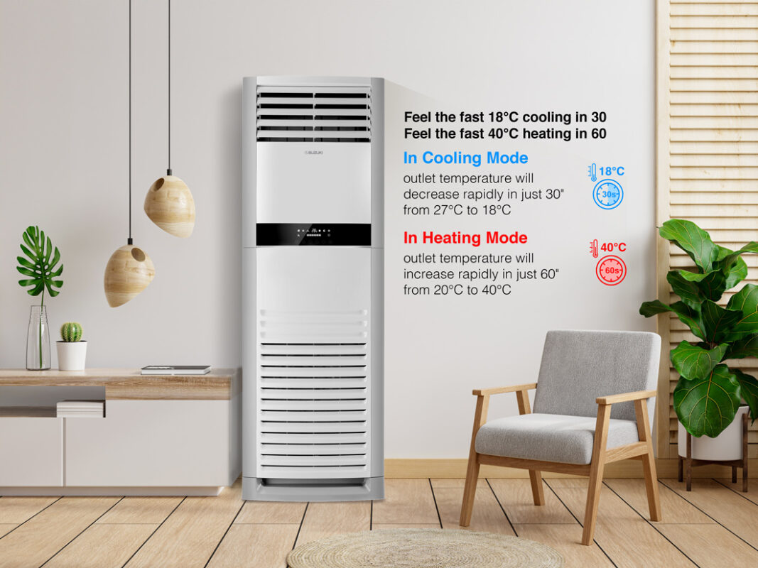 Vertical floor-standing air conditioner showing rapid cooling to 18°C and heating to 40°C