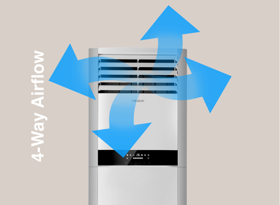 White tower air conditioner with blue arrows indicating airflow in four directions