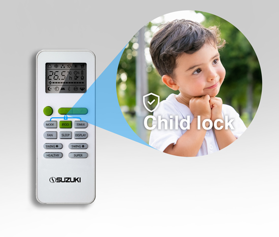 Suzuki air conditioner remote control highlighting the child lock button next to a smiling young child