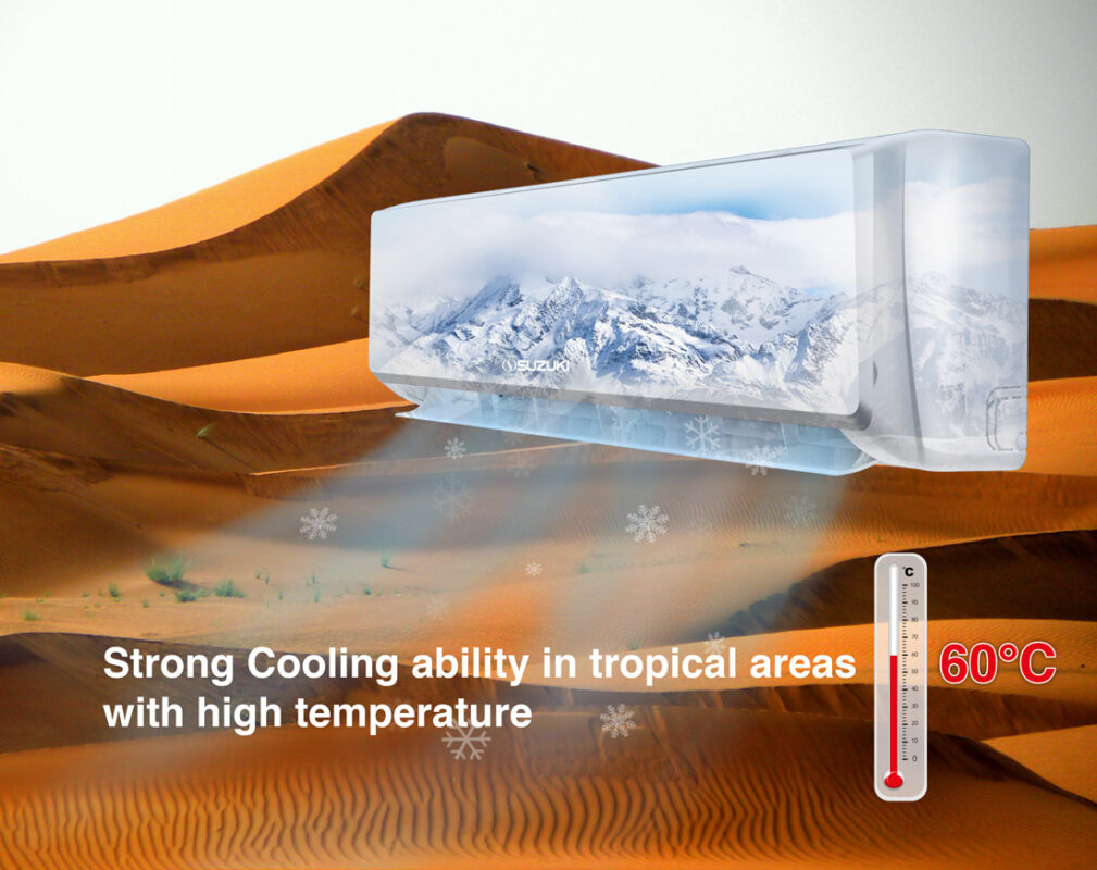 Split system air conditioner emitting cool air and snowflakes against a hot desert landscape
