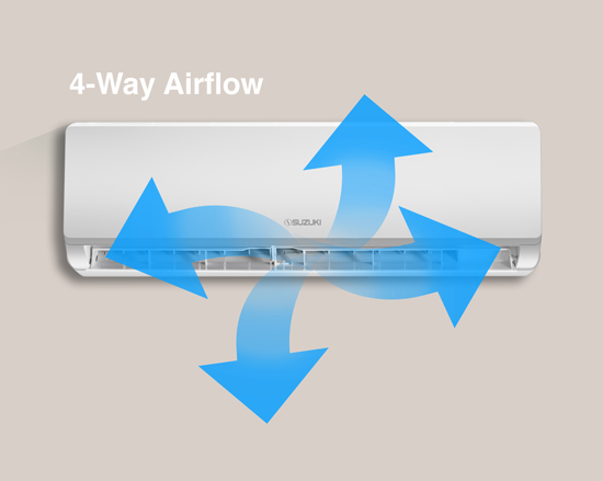 White Suzuki air conditioner unit with blue arrows indicating airflow in four different directions