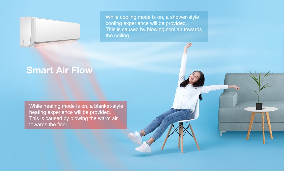 Woman relaxing in a room with a split air conditioner demonstrating cooling and heating air flow patterns
