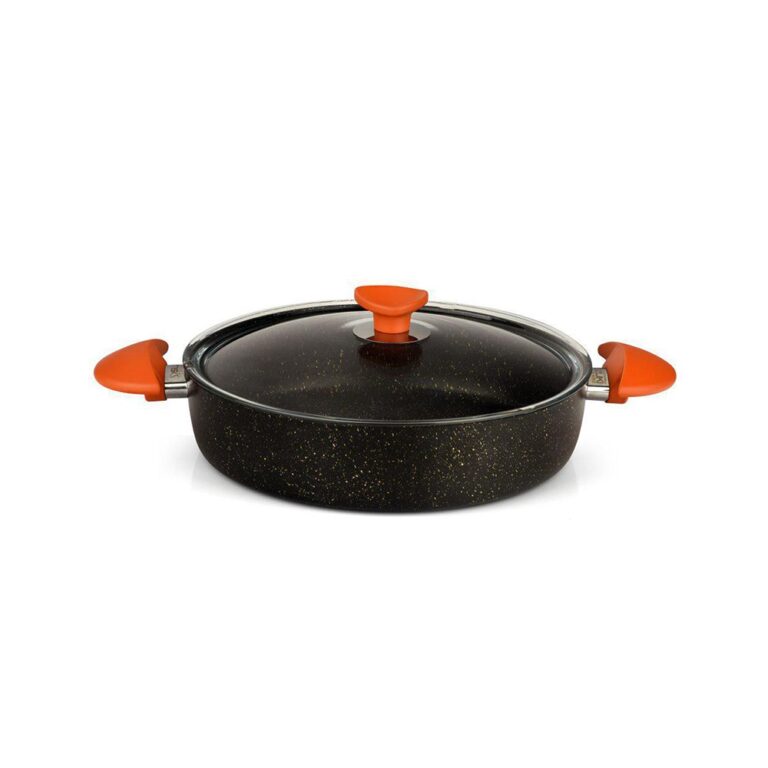 Black speckled casserole dish featuring bright orange side handles and a glass lid with a matching orange knob