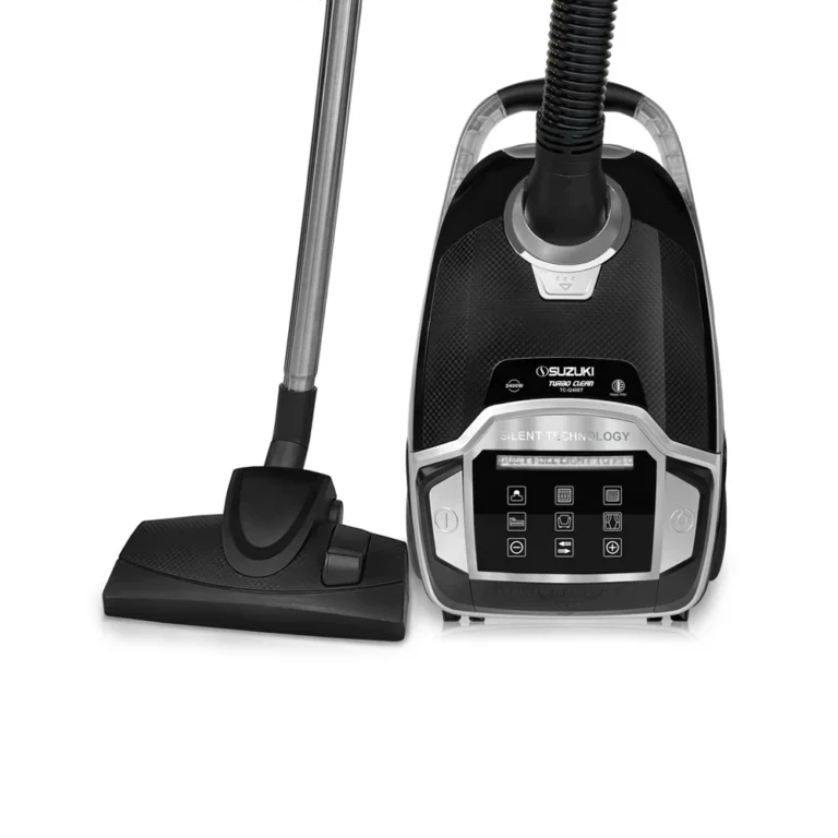 Black Suzuki Turbo Clean vacuum cleaner with silver accents, digital display, and floor attachment.