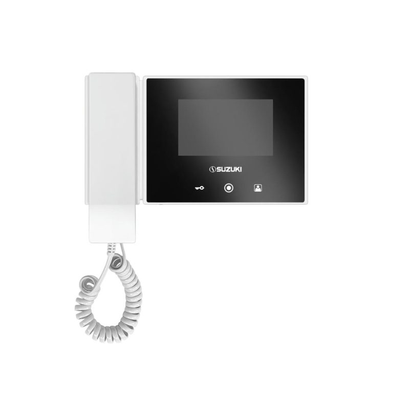 White Suzuki wall-mounted intercom with a digital screen and coiled handset cord