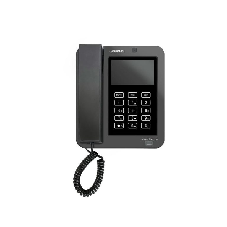Schwarzes Suzuki-Schreibtischtelefon mit Digitalanzeige, Ziffernblock und Spiralkabel für den Hörer