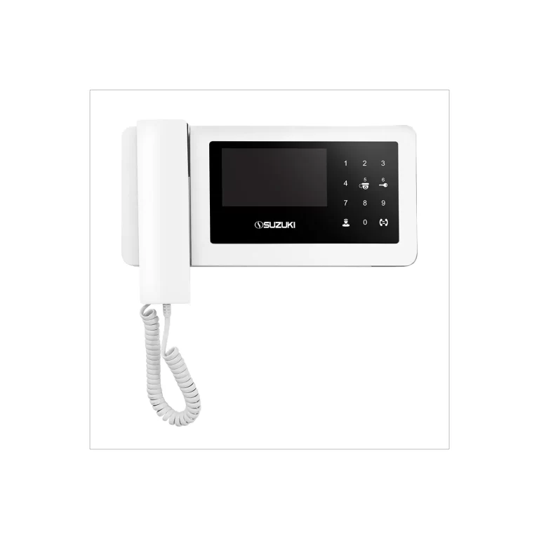 White Suzuki wall-mounted intercom system with a digital display, numeric keypad, and coiled cord handset