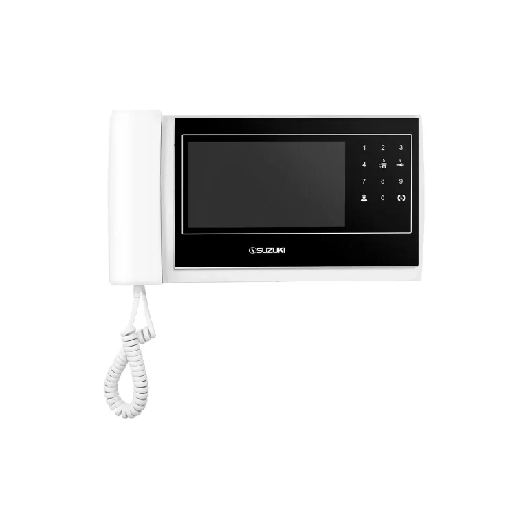 White Suzuki video door phone with a digital screen, numeric keypad, and handheld receiver