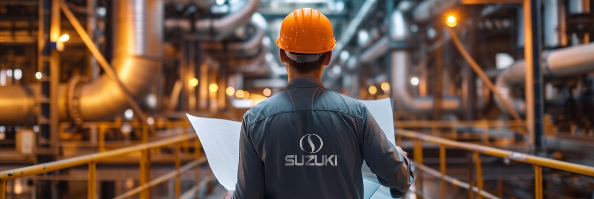 Engineer wearing an orange hard hat and Suzuki branded uniform holding blueprints in an industrial plant